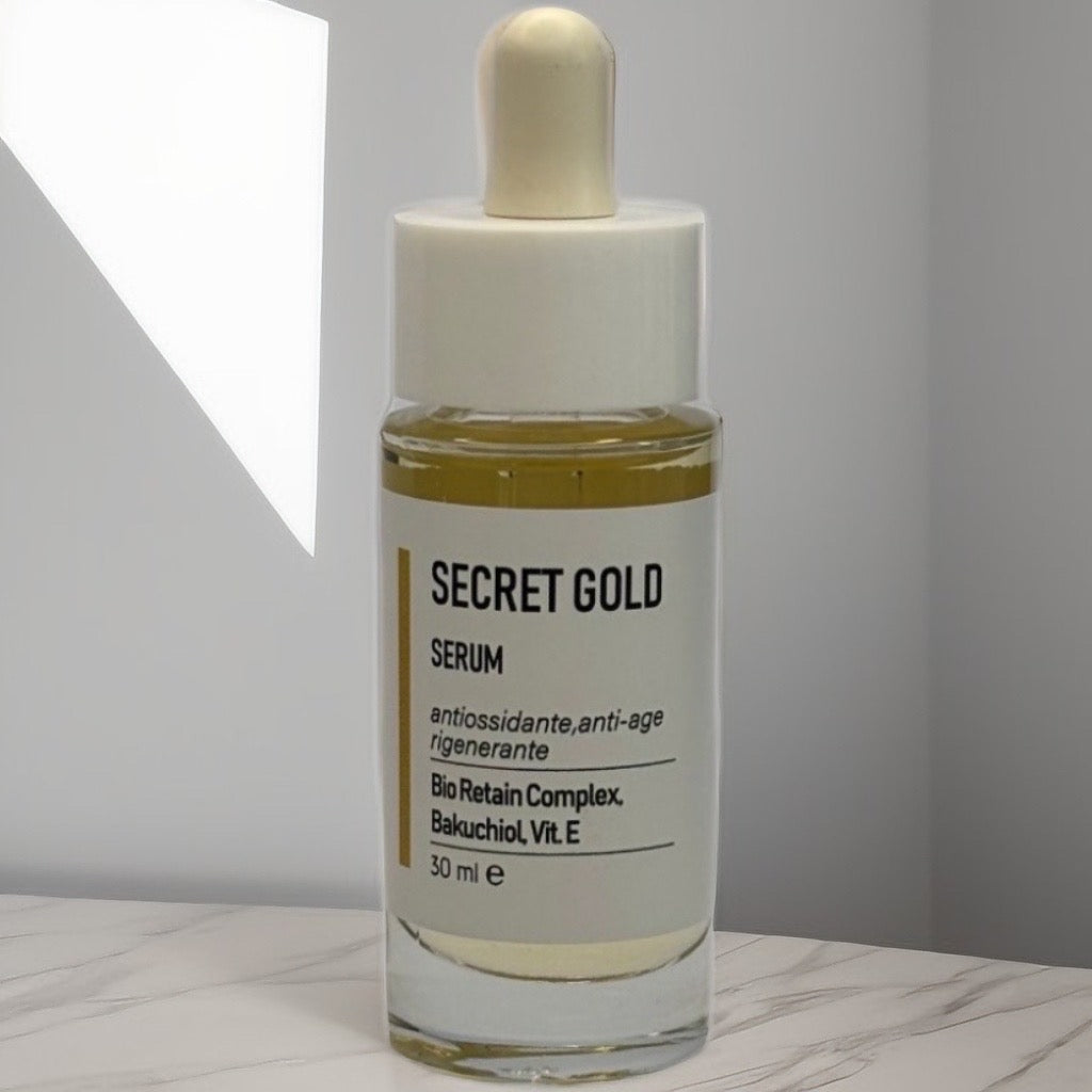 Secret Gold Serum Elvisage – Siero viso anti-age in oleolita oro botanico, flacone 30 ml in ambiente skincare lusso