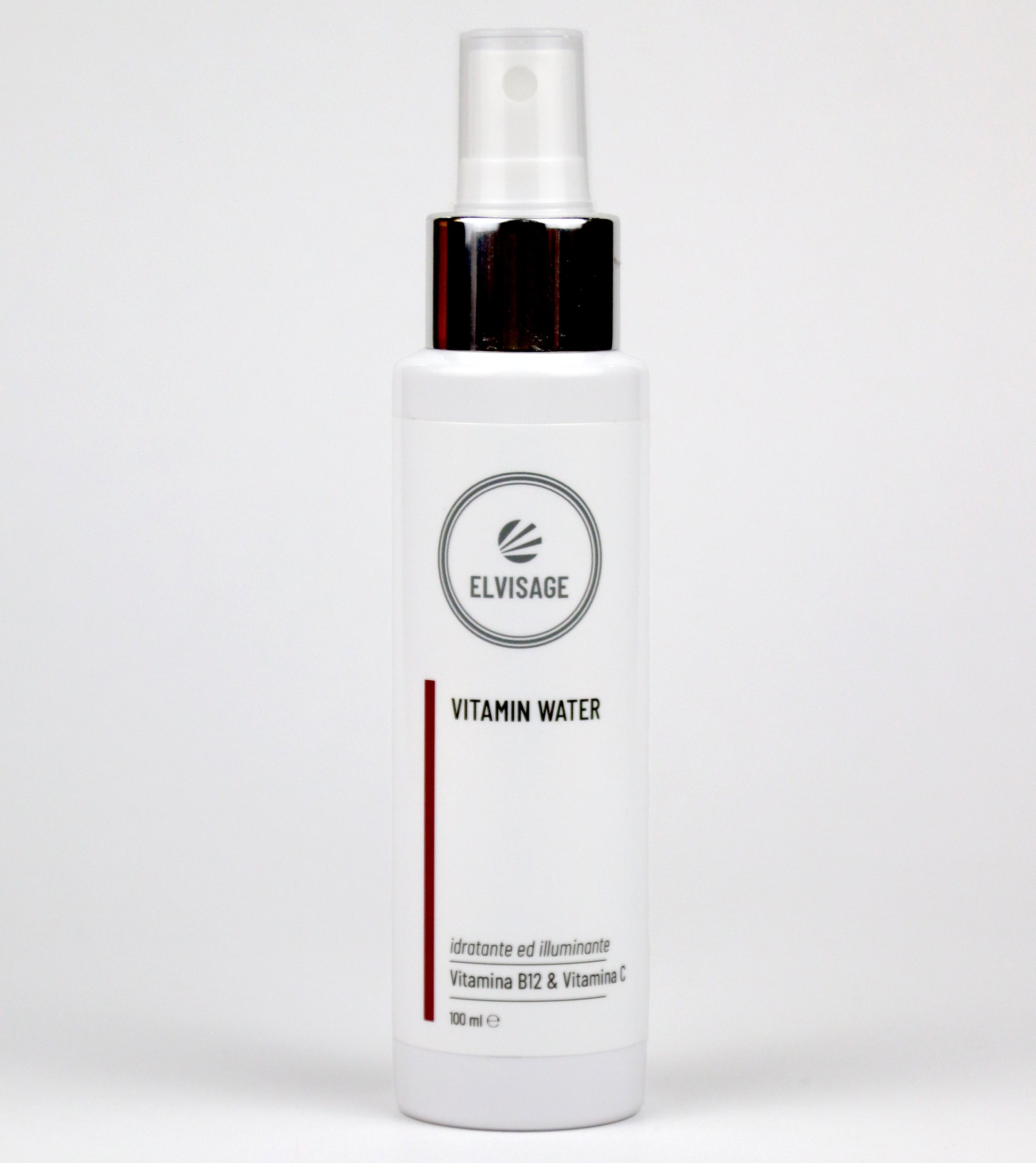 Vitamin Water Elvisage – Spray viso idratante con Vitamina C e Acido Ialuronico, trattamento viso anti-age, boccetta 100 ml su sfondo bianco