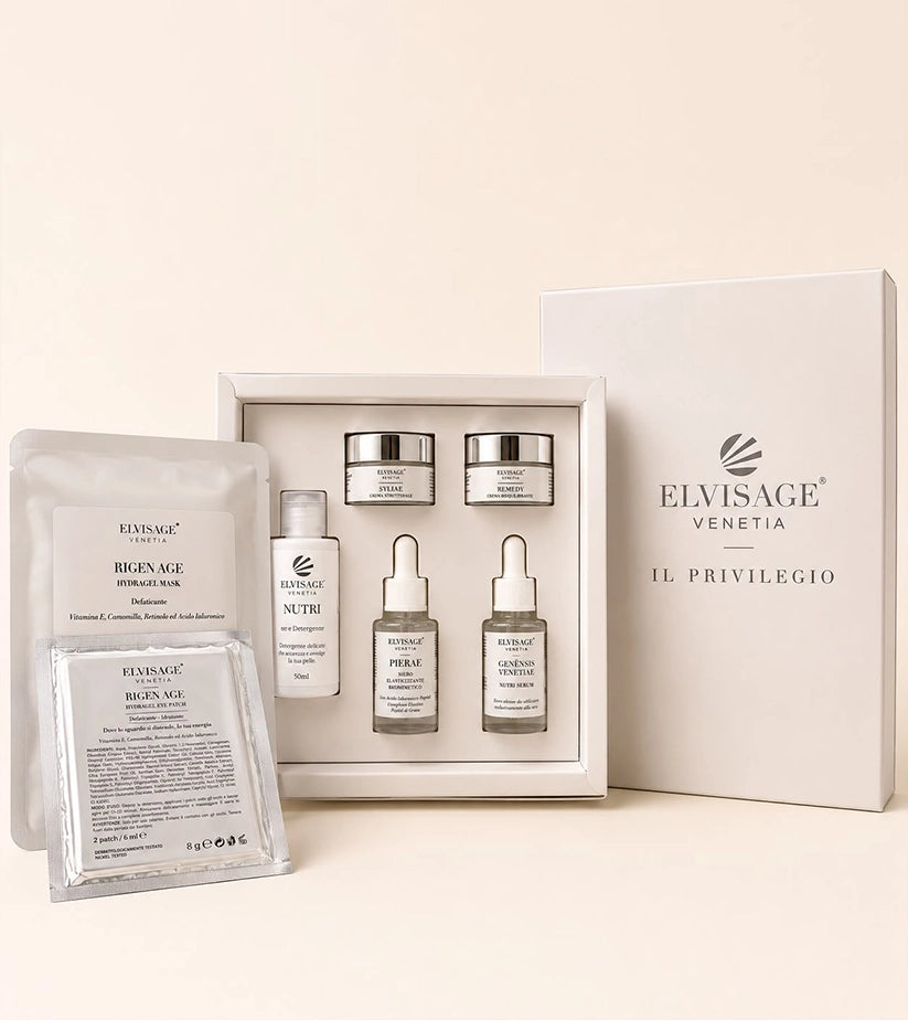 Cofanetto kit skincare nutriente e anti-age Il Privilegio Danelya di Elvisage Venetia con sieri, creme, detergente, maschera e patch occhi.